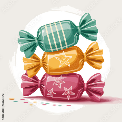 A Cheerful Digital Illustration of Three Wrapped Candies Sweet Treats Design