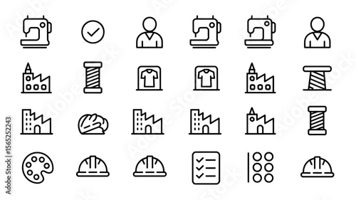 A Set of 20 Black and White Line Art Icons Sewing, Manufacturing, and Design