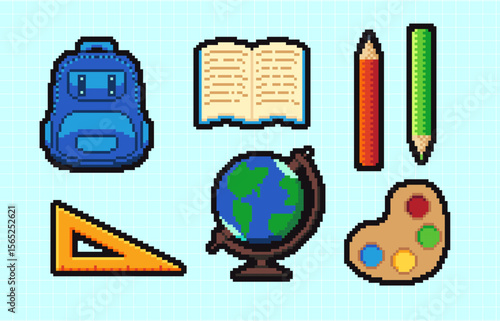 Abstract back to school supplies pixelated icons. Retro 8 bit pixel art icon set, university, education items