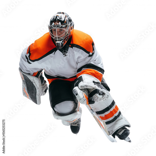 Hockey goalie in full gear crouched for defense on  transparent background