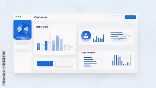 Futuristic dashboard interface displaying customer data analytics and AI-driven insights for identifying target audiences in marketing, CRM, and business intelligence. Seamless looped video.
