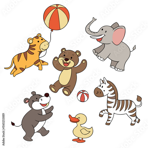 Happy cartoon animals playing with balls tiger bear