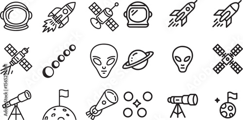 Space exploration icons featuring rockets astronauts satellites aliens and celestial bodies helmet