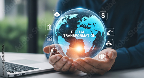 Hands Holding World Globe with Digital Transformation Icons for Business Strategy and Technology
