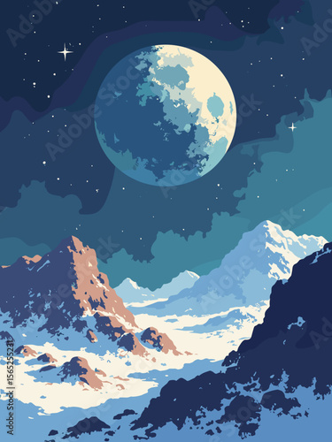 Ganymede with mixed icy and rocky terrain, bright white craters, and shadowed canyons with a starry backdrop