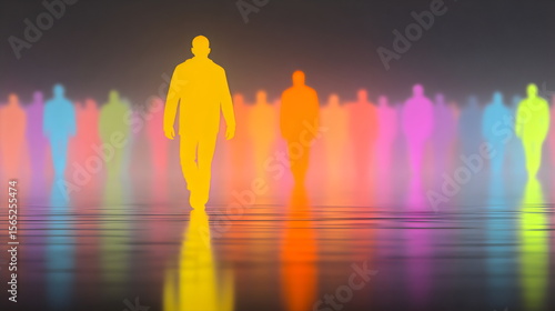 Vibrant abstraction symbolizing individuality and community in a colorful environment during twilight