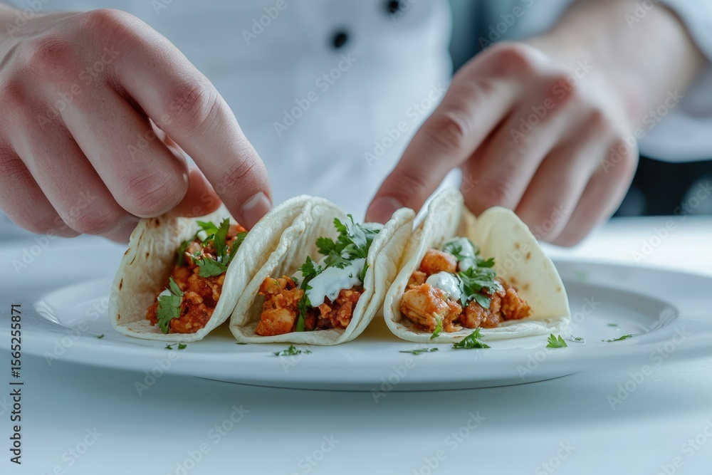 custom made wallpaper toronto digitalChef's hands carefully arranging delicious chicken tacos with cilantro and creamy sauce.
