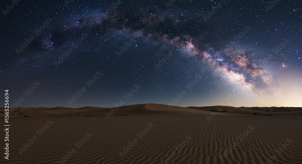 Fototapeta premium Milky Way's ethereal glow over rippled desert dunes, a serene night landscape