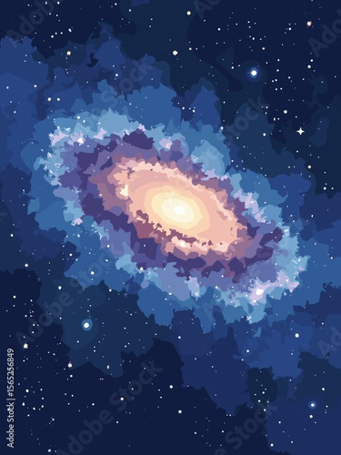 Andromeda Galaxy as a swirling spiral of stars and dust in blue-white with bright galactic center glow