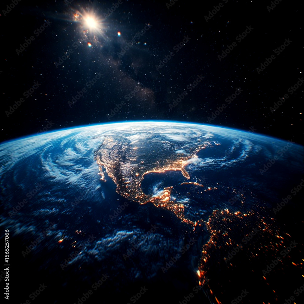 Obraz premium Night View of Earth from Space Showing City Lights and Illuminated Landscape