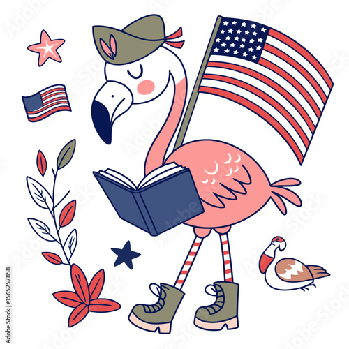Cute Bashful Flamingo, accessorized with reading a book, in a Veterans Day world – Brave Honor palette vector
