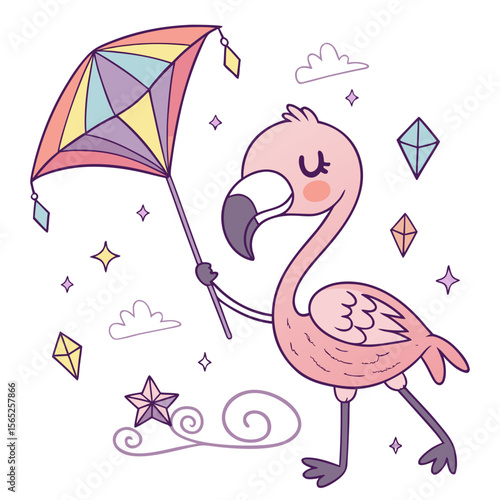 Delightful Bashful Flamingo in a Starry night scene with with a rainbow kite – Magical Night vector illustration