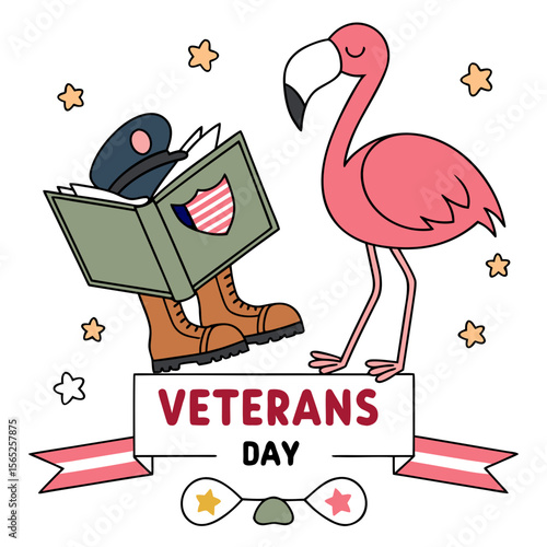 Cute Bashful Flamingo, accessorized with reading a book, in a Veterans Day world – Brave Honor palette vector