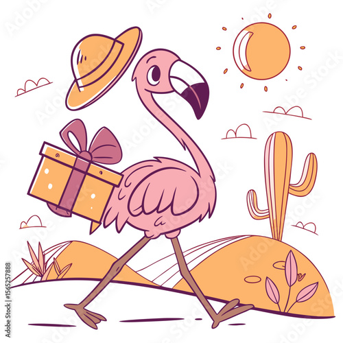 An adorable Flamingo with a Grumpy vibe, carrying a gift box, and a Sundown Glow Desert sunset theme – SVG style