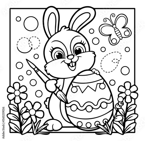 Easter day coloring page for kids, cute bunny color a decorative easter egg on flower background black line art vector illustration 