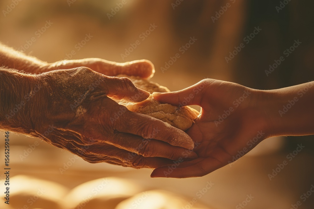 Fototapeta premium Elderly hands gently share a piece of freshly made dough with a younger person, symbolizing tradition and connection.