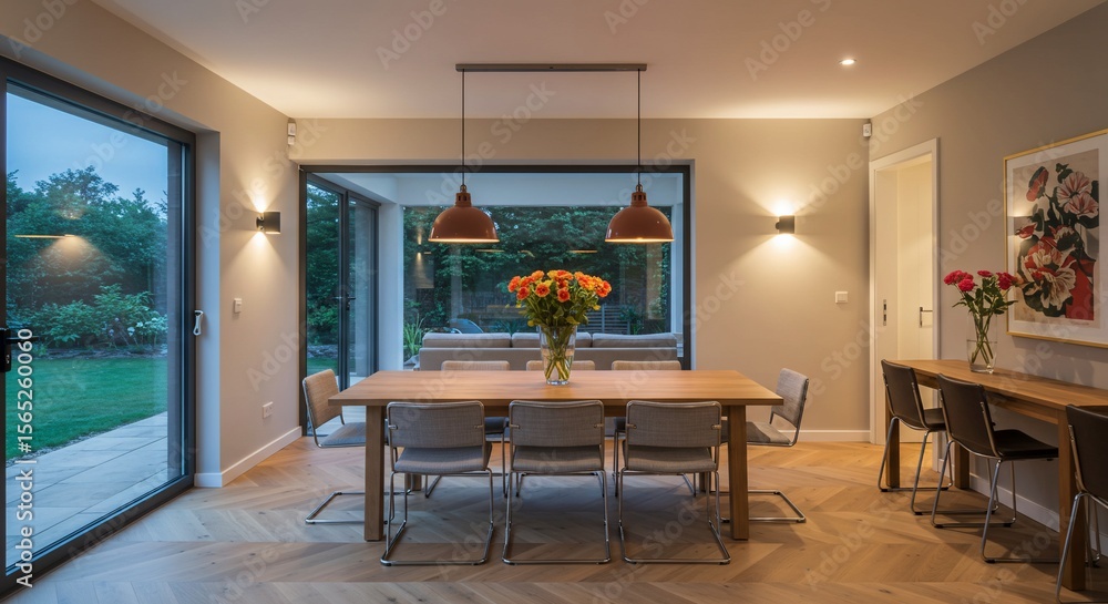 Fototapeta premium Modern Dining Area with Natural Light and Stylish Furniture