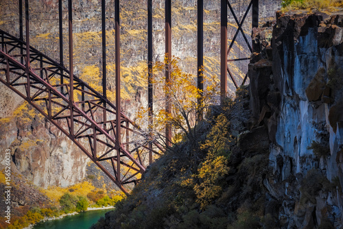 Perrine Bridge spanning Snake River Canyon with autumn foliage in Twin Falls, Idaho