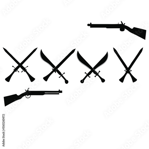 Silhouetted swords and muskets create a vintage, historical weaponry arrangement against a stark white backdrop, ideal for historical themes.