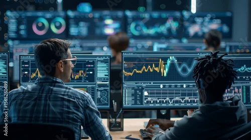 Team of Professional Computer Data Science Engineers Analyzing Complex Neural Networks, Statistical Charts, Infographics, and Real-Time Technical Data on High-Performance Desktops in a Workspace