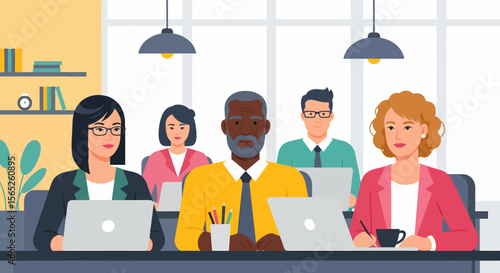 Diverse office team working at desks with laptops and pencils in a meeting.