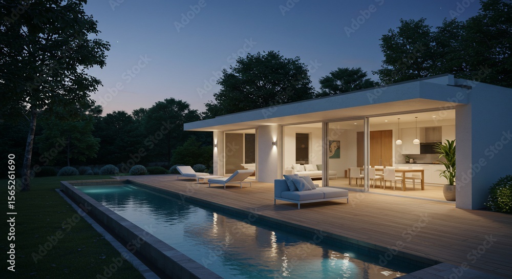 Fototapeta premium Modern home exterior with pool and deck at dusk, illuminated interior
