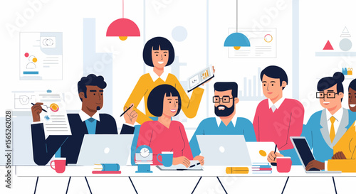 Diverse team collaborating around a table with laptops charts and coffee cups.