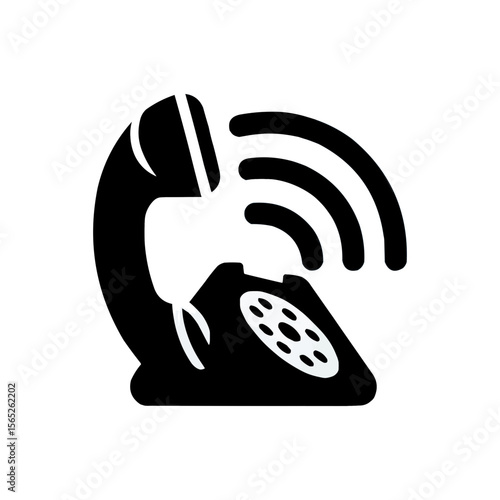 Black rotary telephone with handset off the hook and signal waves emanating from it icon design