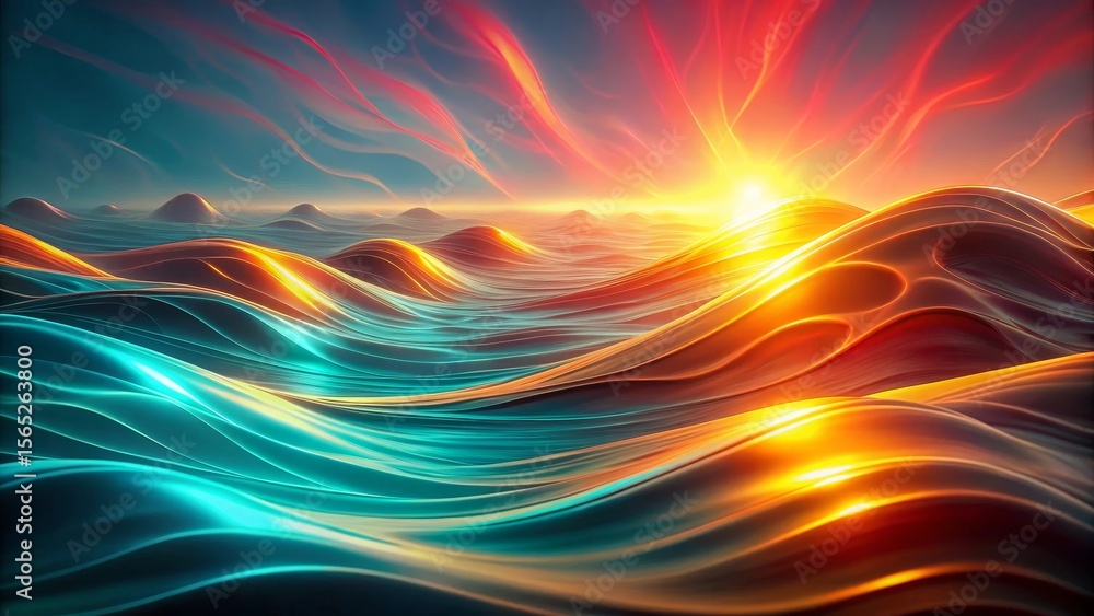 Obraz premium Serene Sunset Over Abstract Wavy Landscape Featuring Vivid Hues of Orange, Teal, and Crimson