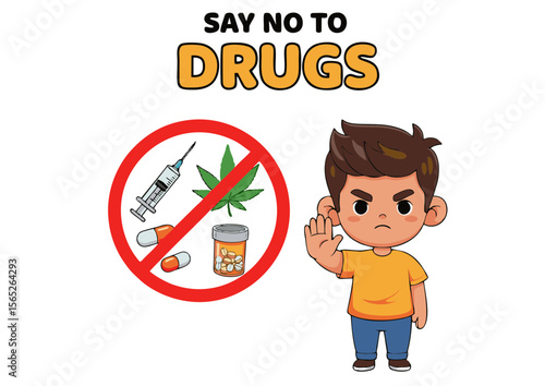 Cartoon Boy with Hand Up Saying No to Drugs Anti-Drug Message.