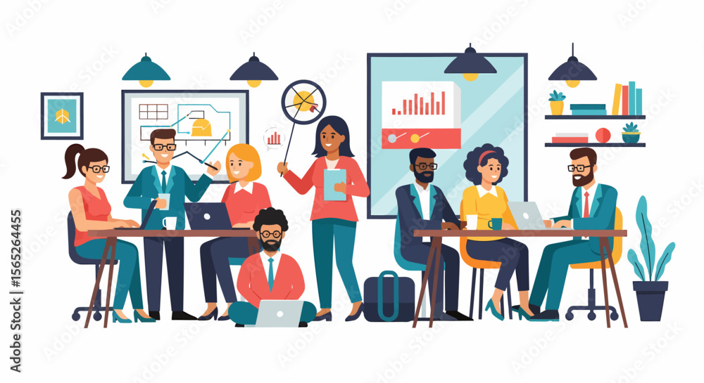 Diverse team collaborating in a modern office reviewing charts and graphs 1. Diverse team collaborating in a modern office reviewing charts and graphs 1.
