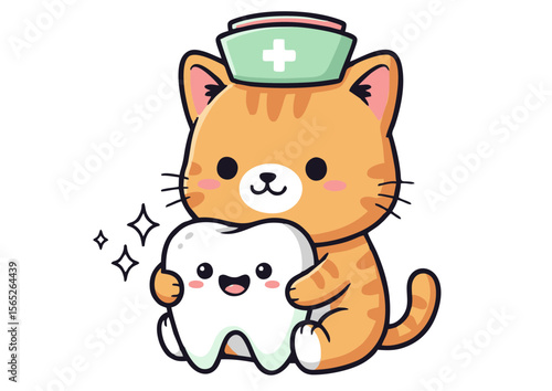Adorable Cartoon Cat Dentist Holding a Smiling Tooth Wearing Nurse Cap.