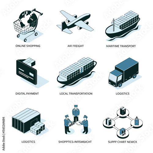 2d vector illustration colorful Land and sea transport techniques, methods and technological tools for transporting and shipping goods and products and logistic 
