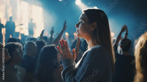 A slow-motion 4K handheld video of a Christian praying at a worship night with crowds, stage lights, and religious concert atmosphere.