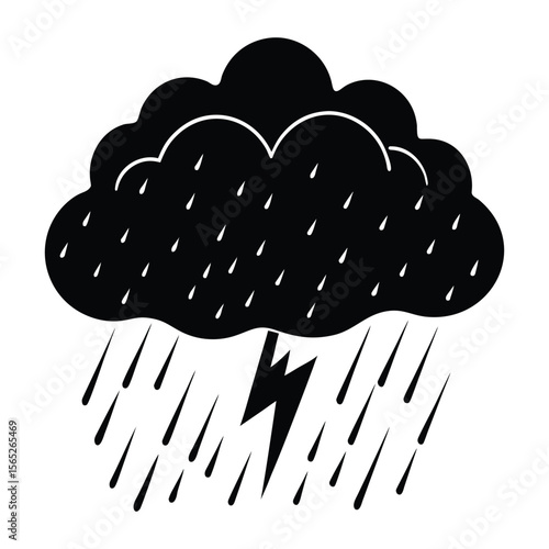 Dramatic dark storm cloud silhouette with heavy stylized rain streaks conveying a sense of powerful weather and atmosphere