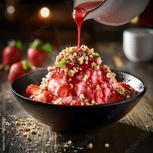 Delicious strawberry bingsu with toppings ready to be enjoyed and savored by people  or customers