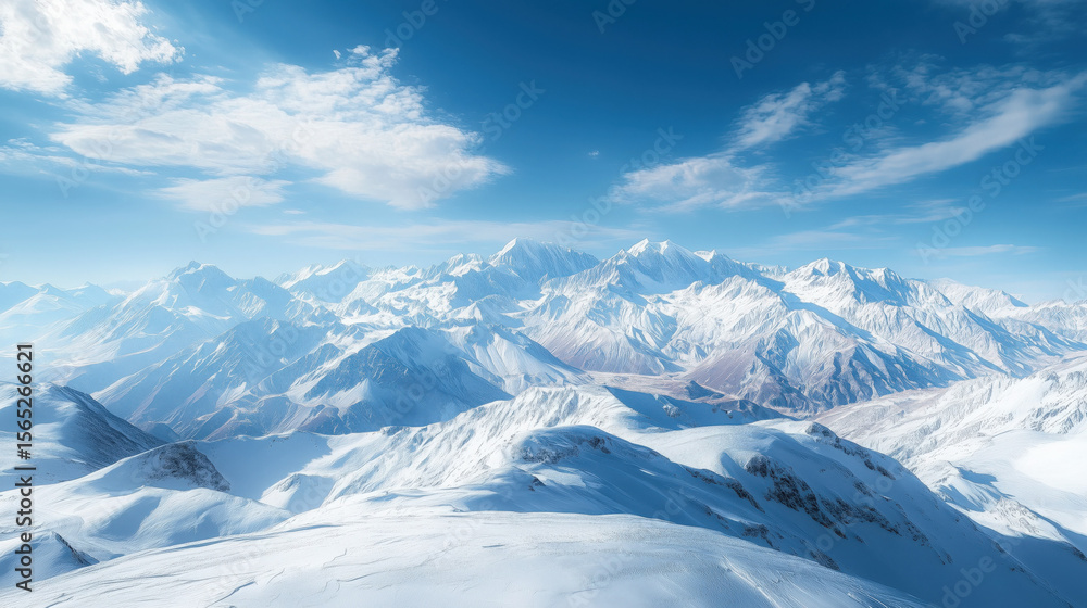 Fototapeta premium a serene snow-capped mountain range beneath a clear sky, with shadows adding depth to the icy terrain