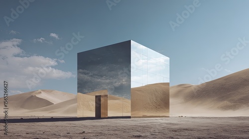 Architecture modern A mirrored cube house in a desert landscape blending invisibly with the sky and sand dunes