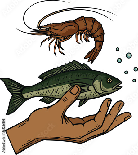 Hand Holding Fresh Fish and Shrimp Vector Illustration for Seafood and Fishing Concepts 