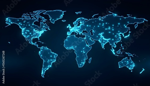 World map made of glowing circuits and nodes, representing worldwide technology infrastructure, sleek dark background.