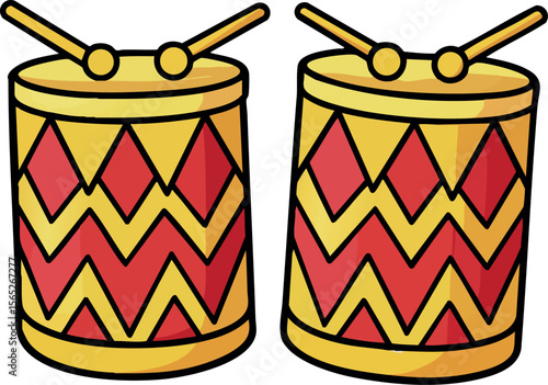 Pair of colorful red and yellow drums with drumsticks vector illustration 