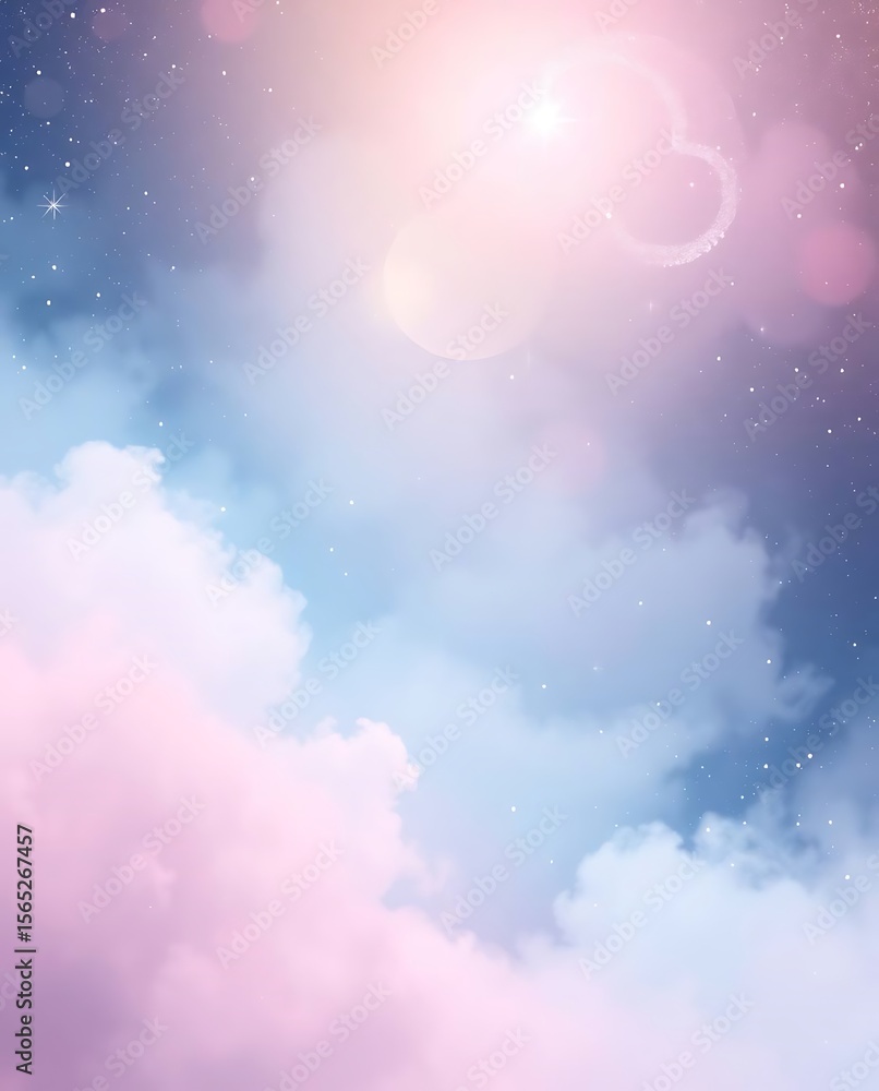 Fototapeta premium Ethereal dreamscape, celestial pastel clouds and sparkling stardust visuals