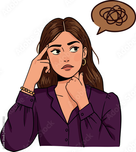 Young woman thinking with confused expression and thought bubble vector illustration 