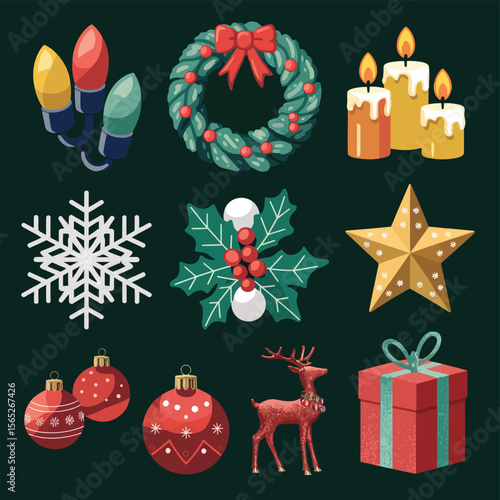 vector Happy New Year Celebrating 2025 in Latin letters , Christmas Decoration Items Santa Claus