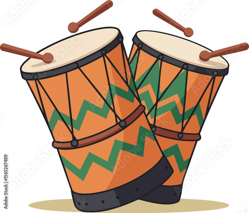 Pair of traditional orange and green decorated drums with brown drumsticks vector illustration 