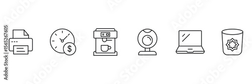 Office essentials and productivity tools icon set with coffee machine printer laptop webcam time money trash for workspace vector.