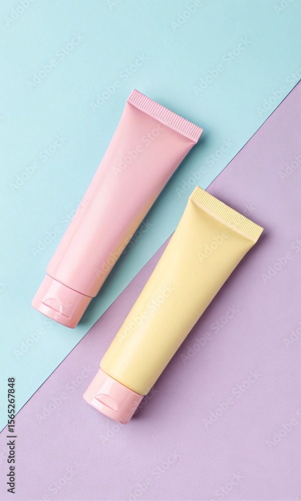 pink and white paper napkins, Minimal pastel background with two blank cream tubes in soft pink and yellow, top view. pink and white paper napkins, Minimal pastel background with two blank cream tubes in soft pink and yellow, top view.