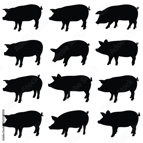 Charming silhouette illustration features a pattern of twelve black pig icons on a crisp white backdrop, perfect for various creative designs.