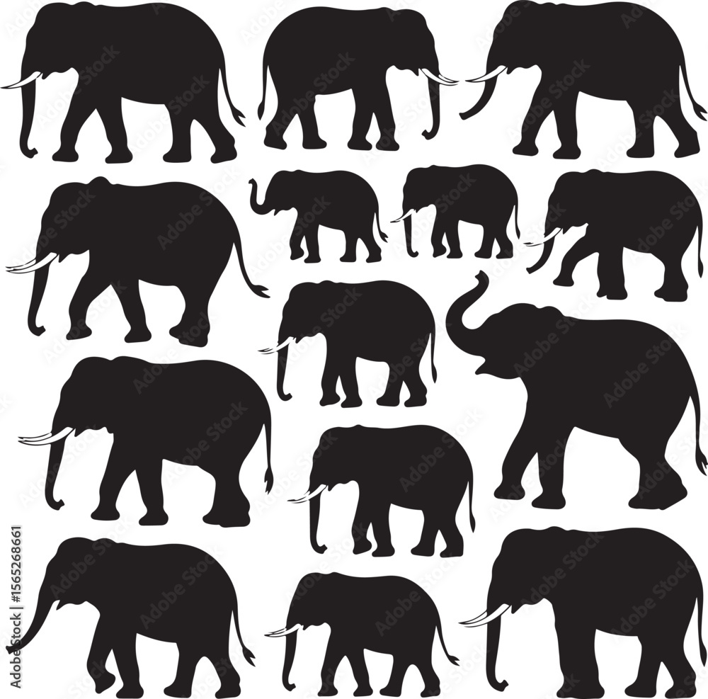 Fototapeta premium silhouette, elephant, animal, vector, animals, wild, illustration, collection, horse, wildlife, tiger, giraffe, black, set, zoo, mammal, dog, safari, lion, nature, bear, icon, design, farm, cat