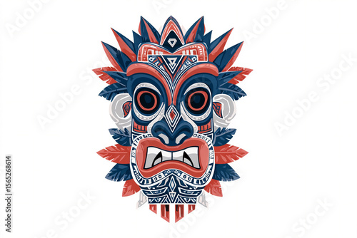 A detailed vector illustration of a Polynesian ceremonial tiki mask with intricate tribal patterns